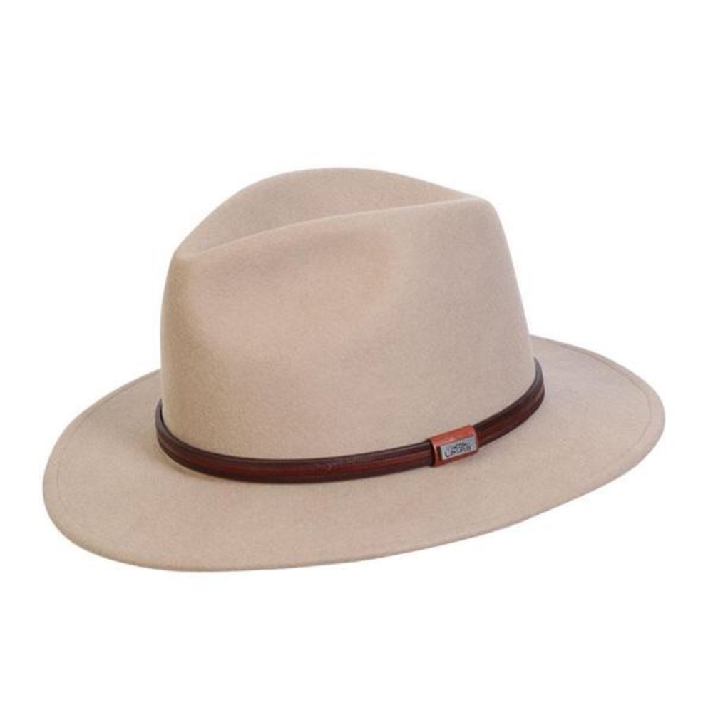 Beige Felt Fedora Hat with Brown Leather Band